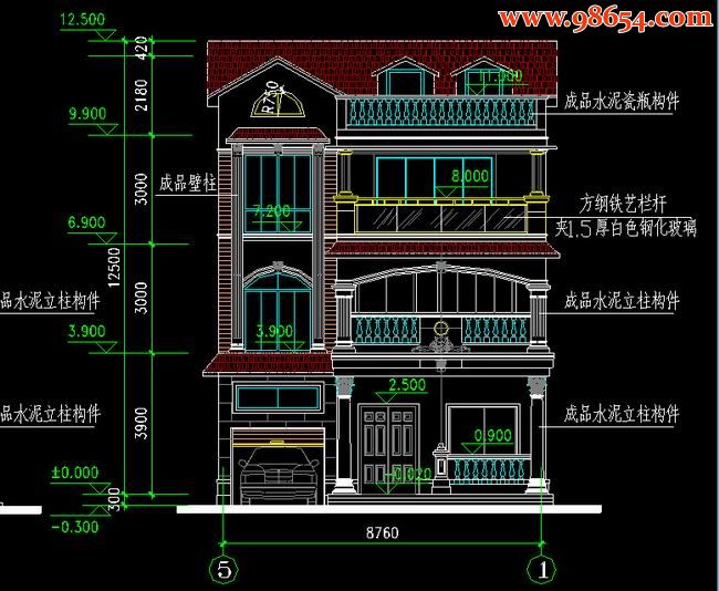 首层99平米3层精巧型别墅图纸正立面图