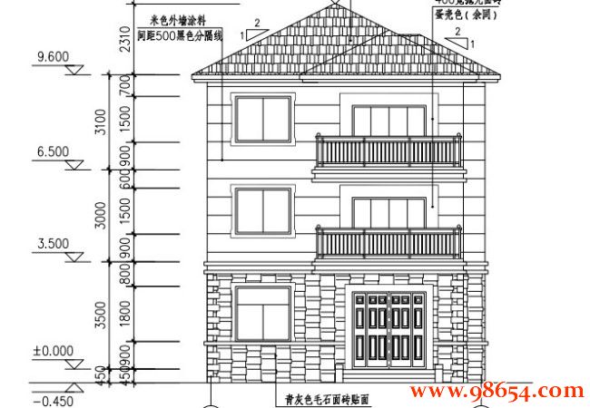 首层面积72平方米三层别墅设计图正立面图