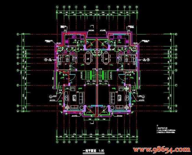 首层面积191平方米3层双拼别墅施工图一楼平面图