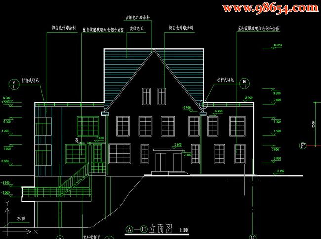 三层大型豪华别墅建筑施工图正立面图