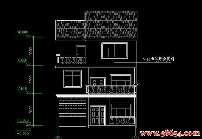 首层面积92平方米三层别墅正立面图