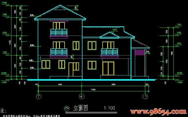 首层面积224平方米3层小型别墅建施正立面图