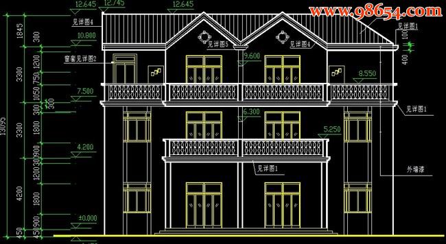 某地三层双拼别墅设计CAD图 正立面图