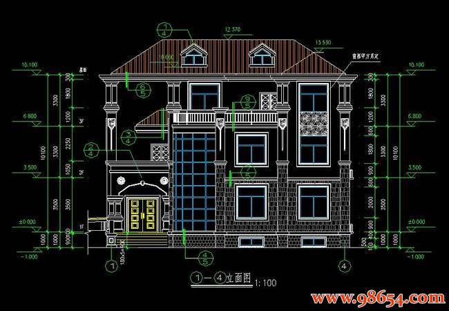 首层面积209平方米3层别墅建筑设计施工图正立面图