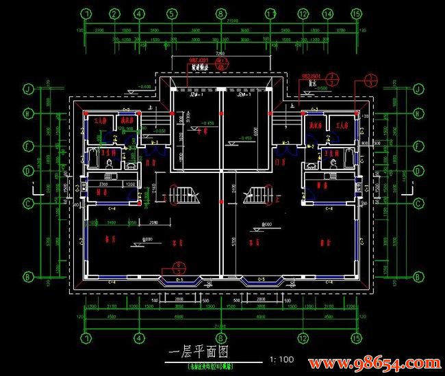 首层面积303平方米三层双拼别墅施工图一楼平面图