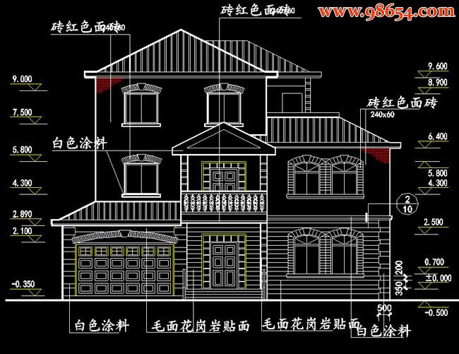 三层4室3厅4卫新农村住宅施工图正立面图