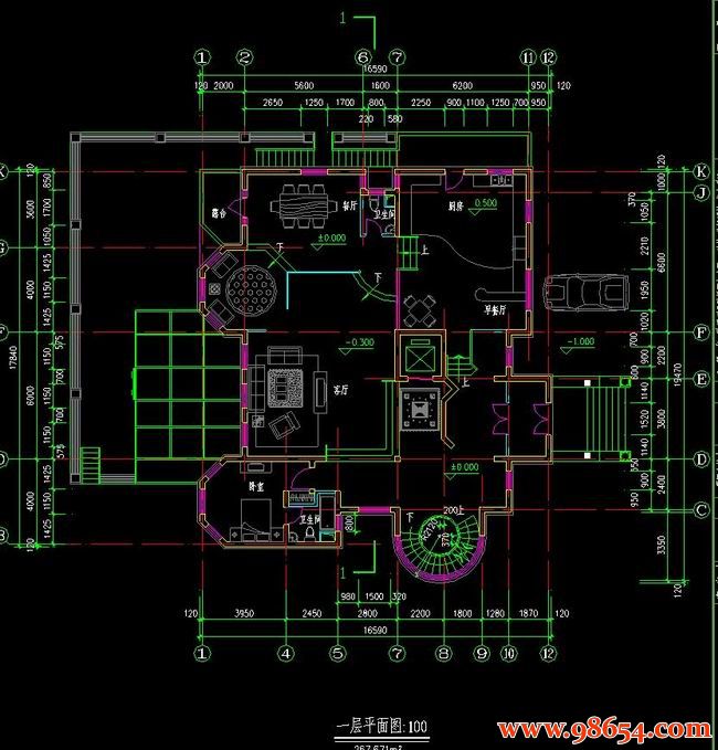 首层面积320平方米3层带地下室自建大别墅施工图一楼平面图