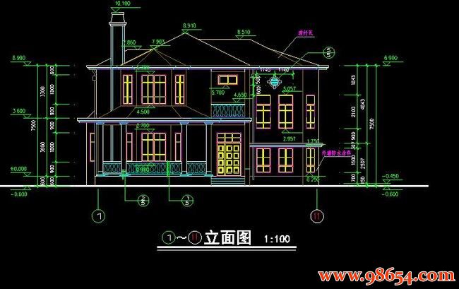 首层面积197平方米2层别墅平立剖图正立面图