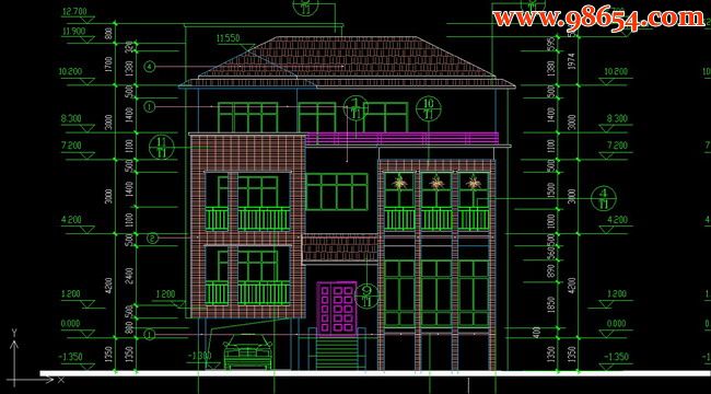 三层带车库自建别墅正立面图