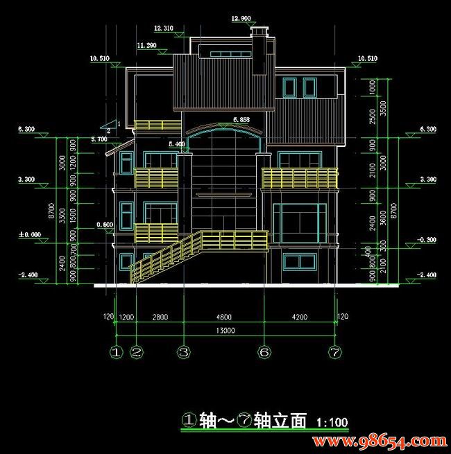 首层面积187平方米3层农村独栋别墅设计图正立面图