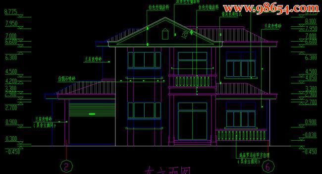 首层180平米2层某别墅结构建筑施工图正立面图