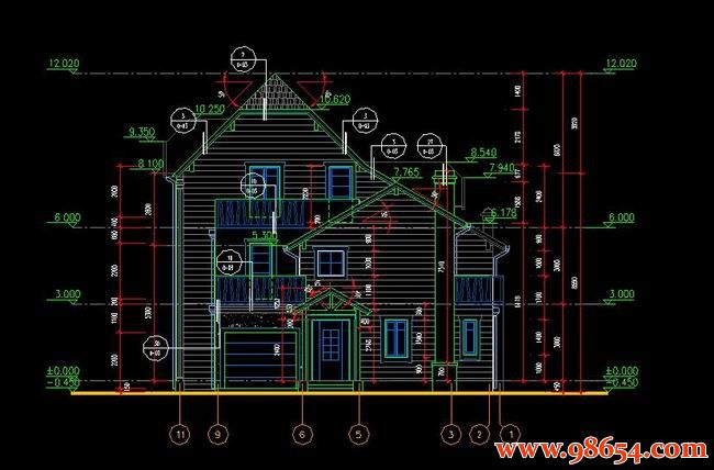 首层面积182平方米3层别墅建筑设计施工图正立面图