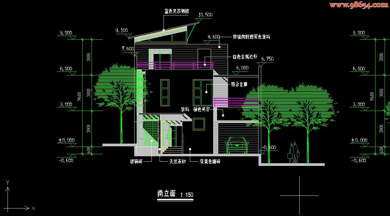 三层225平米斜屋顶别墅方案图正立面图