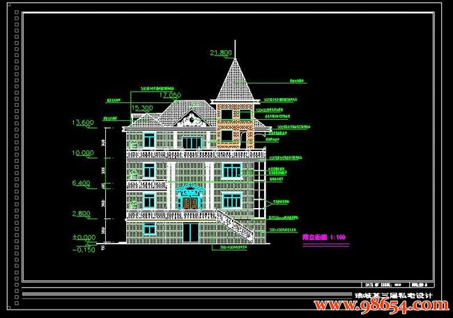 首层面积321平方米3层独栋别墅施工图正立面图