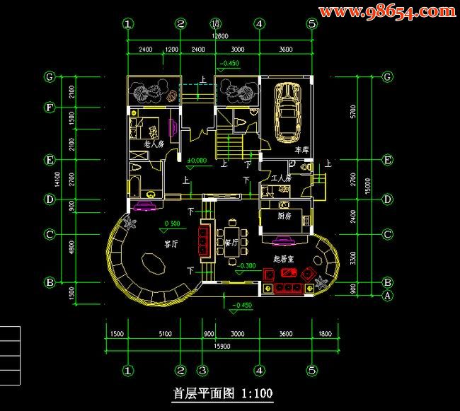 首层224平方米3层别墅建筑施工图一楼平面图