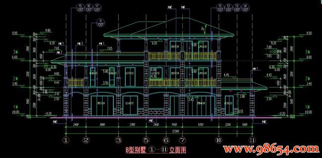  首层面300平方米3层B型度假别墅施工图正立面图