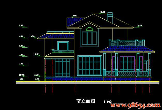 首层面积227平方米3层农村别墅建筑施工图正立面图