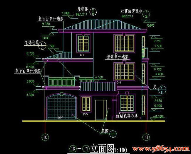 首层面积176平方米3层别墅建筑设计施工图正立面图