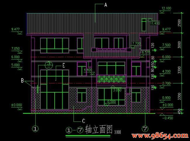 首层面积246平方米3层简单别墅全套图正立面图