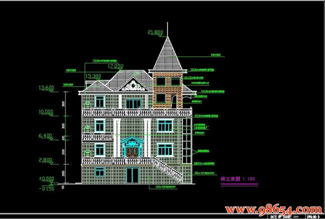 首层面积321平方米三层复古独栋别墅CAD图纸正立面图
