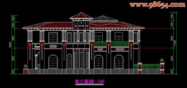 两层4室3厅4卫B1型建筑设计图正立面图