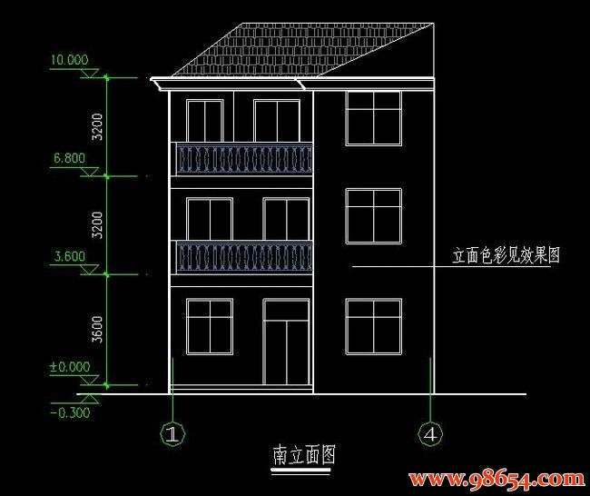 首层面积91平方米3层农村独栋别墅设计施工图正立面图