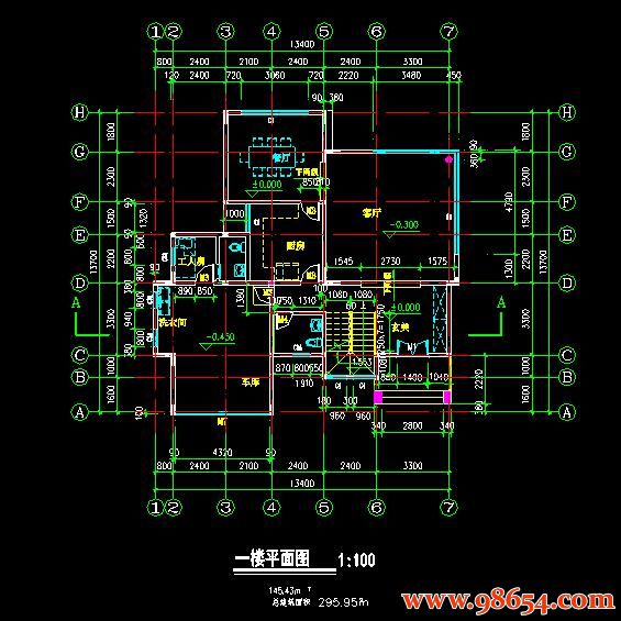 首层面积183平方米3层别墅施工图一楼平面图