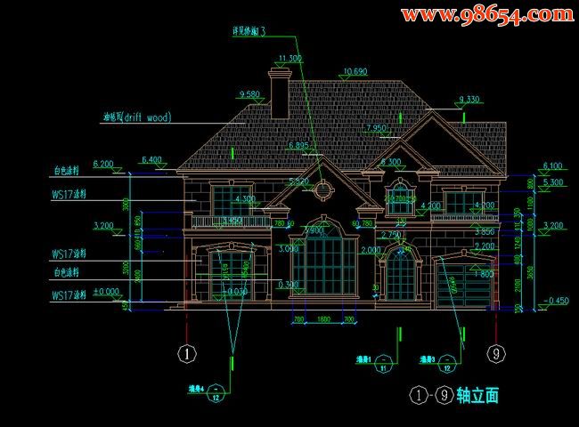 两层217平米别墅方案施工图正立面图