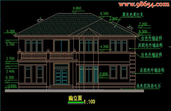 首层198平方米2层全套别墅施工图正立面图