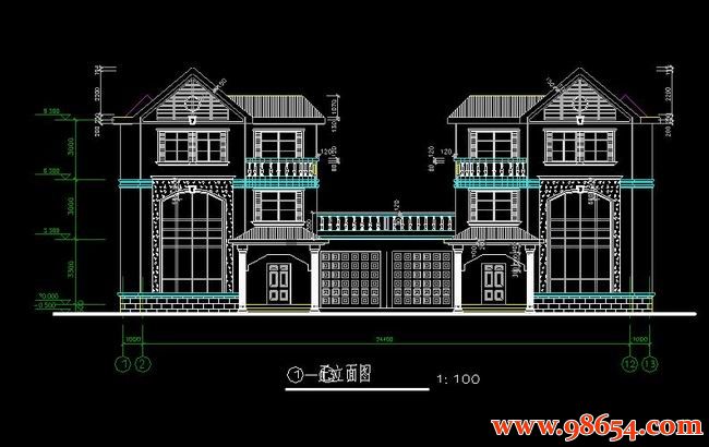 首层面积364平方米3层双拼别墅设计施工图正立面图