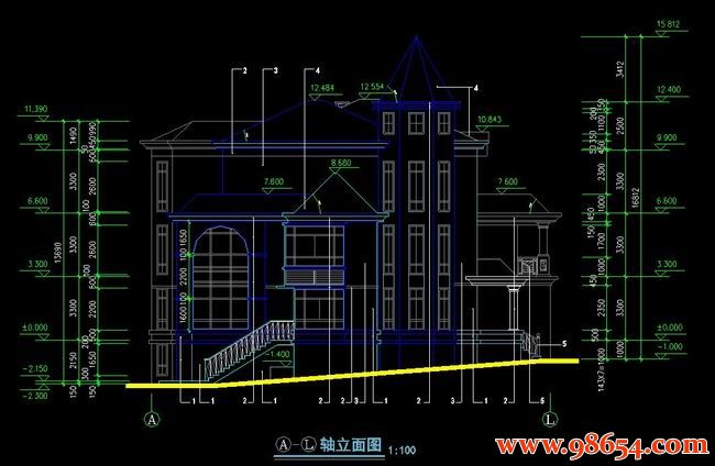 首层面积287平方米3层带地下室独栋别墅施工图正立面图