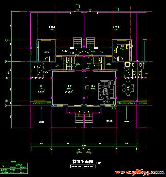 首层面积165平方米3层双拼居住小区别墅建施图一楼平面图