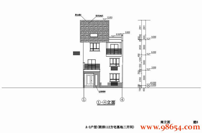 首层面积110平方米3层砖混结构别墅施工图正立面图