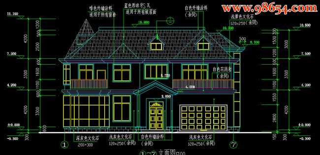 两层5室3厅6卫带夹层别墅建筑正立面图