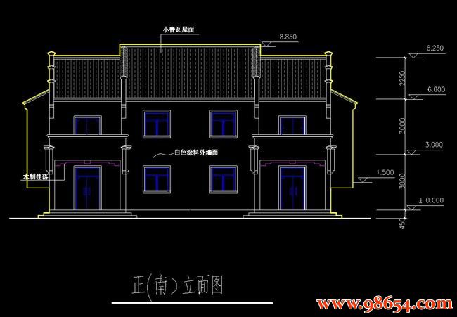 首层面积198平方米2层双拼皖南农村别墅正立面图