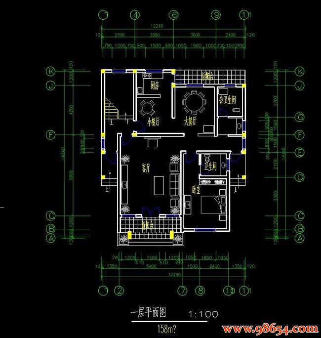 首层面积174平方米4层新农村独栋别墅施工图一楼平面图