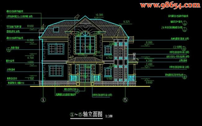 三层7室4厅4卫小型别墅建筑设计图正立面图