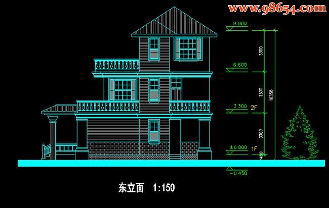 首层108平方米三层居民豪华别墅正立面图