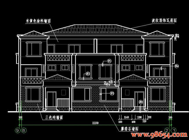 首层面积350平方米3层美式小别墅建筑施工图正立面图