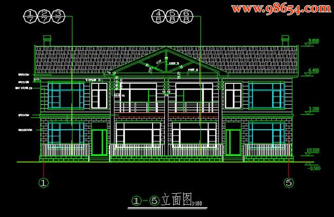 两层5室2厅3卫大连某双拼别墅建筑施工图正立面图