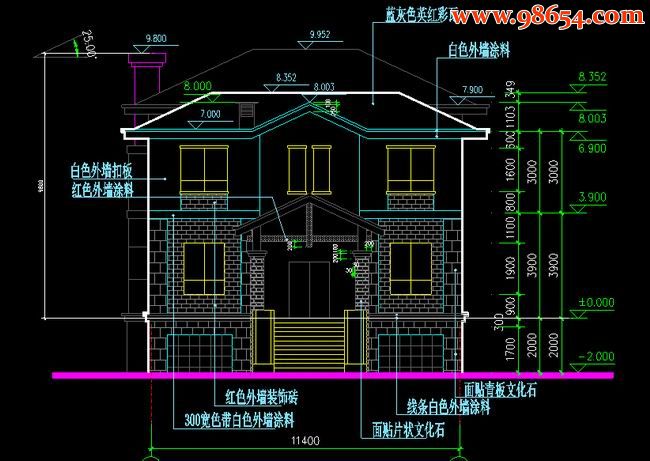 两层197平米带地下游泳池别墅建筑施工图正立面图