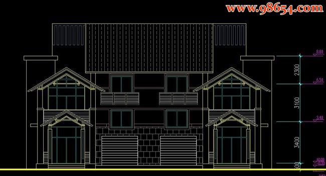 某地三层双拼别墅CAD图正立面图