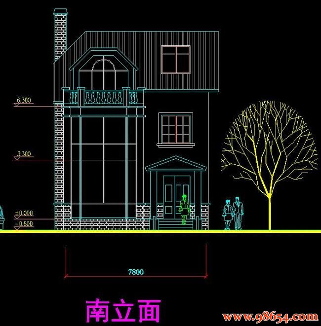 首层面积74平方米3层小型别墅施工图正立面图