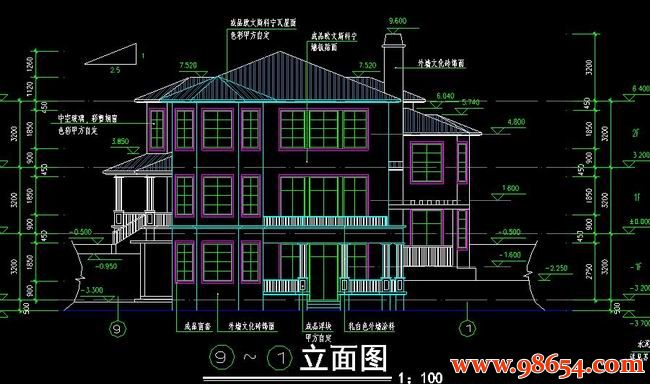 首层面积309平方米2层别墅建筑施工图正立面图