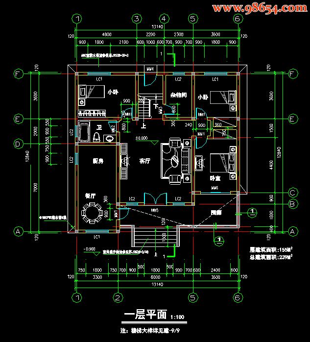 两层5室2厅2卫农村独立住宅施工图一楼平面图