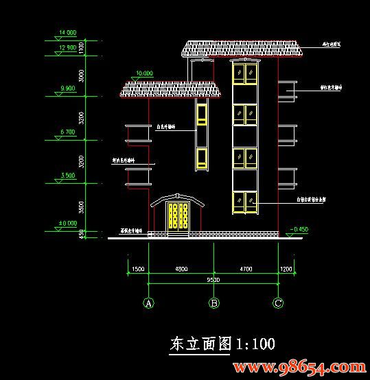 首层面积102平方米3层住宅整套施工图纸正立面图