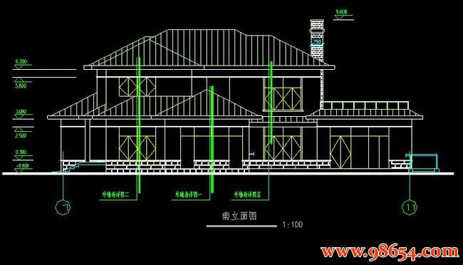 首层面积418平方米2层浙江某别墅施工图正立面图