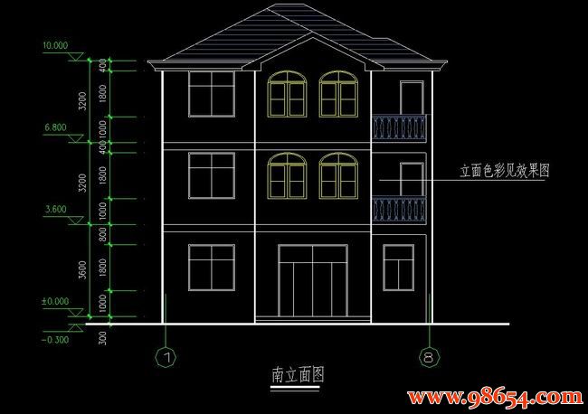 首层面积112平方米3层新农村单家独院式别墅设计图正立面图