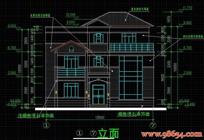 首层面积193平方米3层独栋住宅别墅施工图正立面图