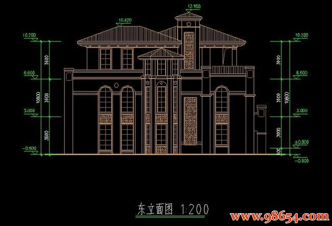 首层面积202平方米3层带地下室独栋欧式别墅施工图正立面图